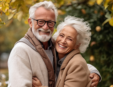 Starsza para obejmująca się i uśmiechająca do aparatu, stojąca na zewnątrz w jesiennym otoczeniu z drzewami i złotymi liśćmi w tle.
