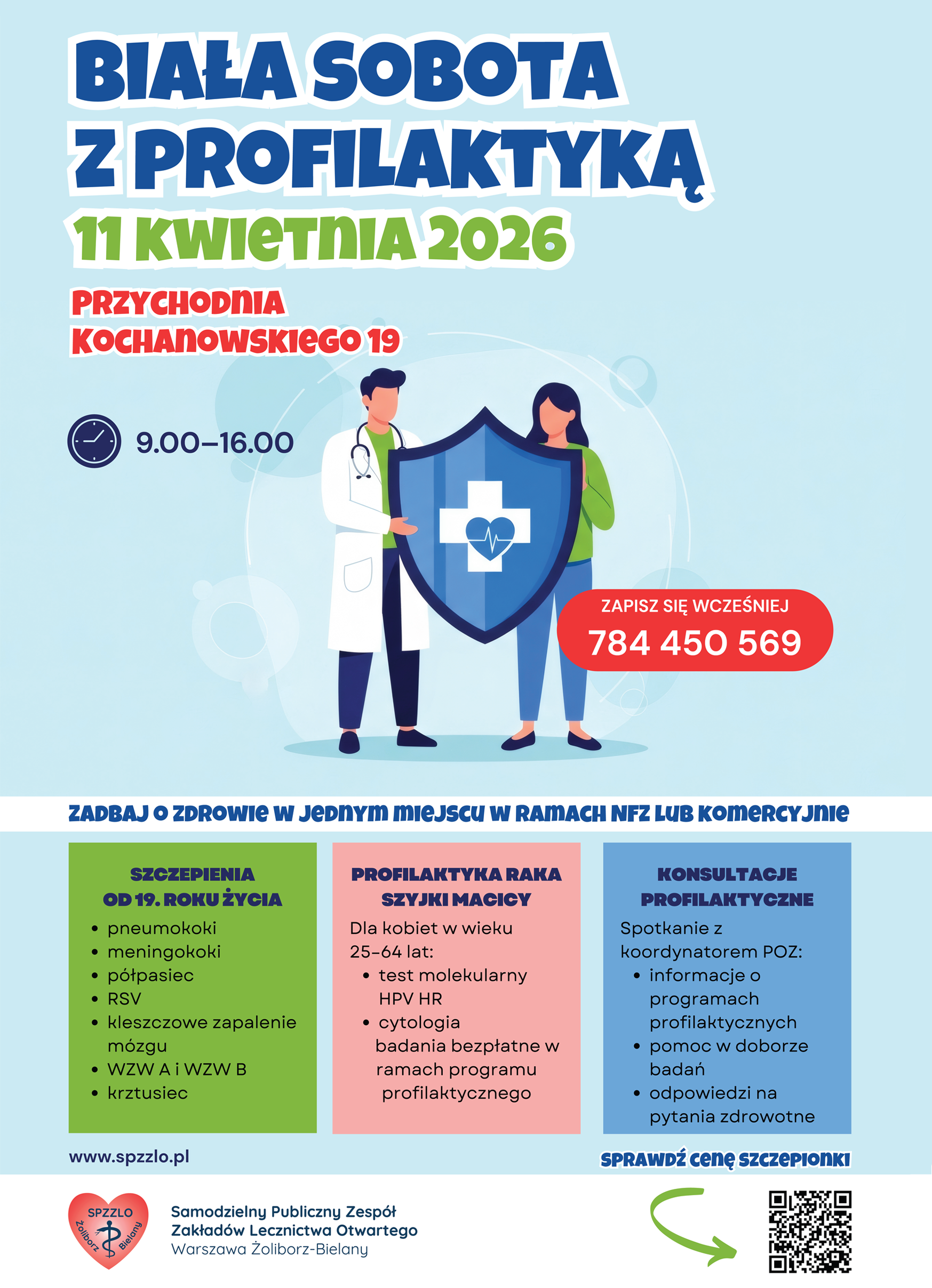 Ilustracja przedstawia lekarza i pacjentkę stojących obok siebie i trzymających dużą tarczę z symbolem krzyża medycznego oraz serca z linią pulsu. Grafika symbolizuje ochronę zdrowia, opiekę medyczną i bezpieczeństwo pacjenta.