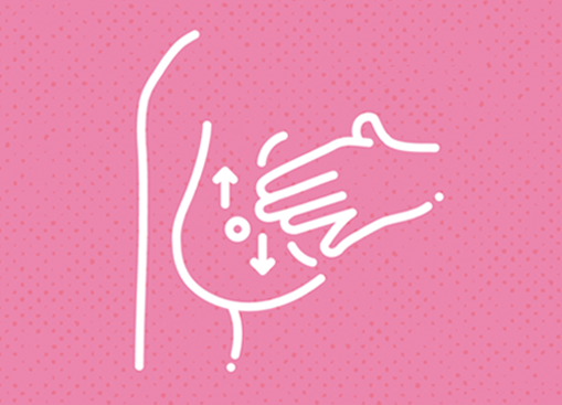 Ilustracja liniowa w białym kolorze na różowym tle: dłoń masująca pierś, z zaznaczonym ruchem góra–dół, sugerująca samobadanie.